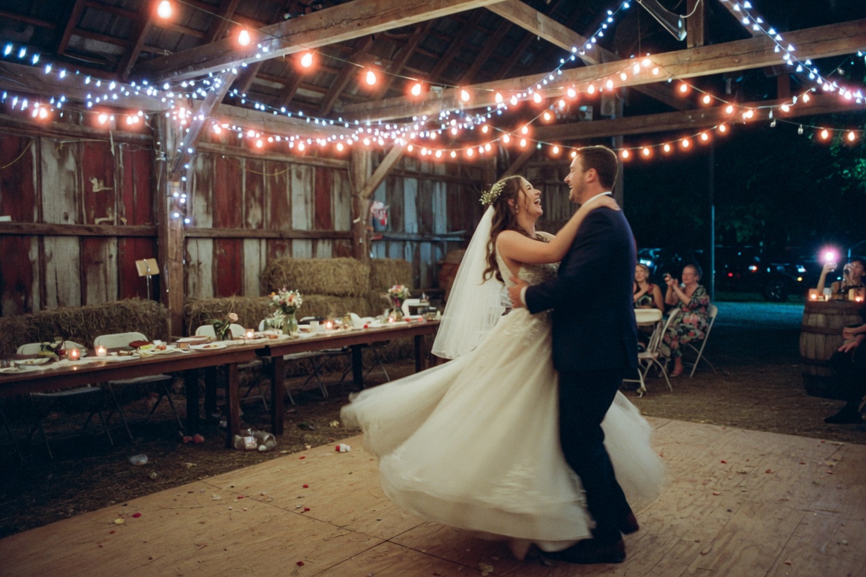 Wedding dance floor under string lights